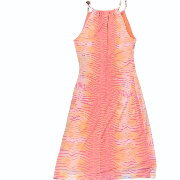 Y2K GUESS Animal Print Split Neck Mini Dress Sunset Orange Pink S Cocktail Party - Picture 7 of 16